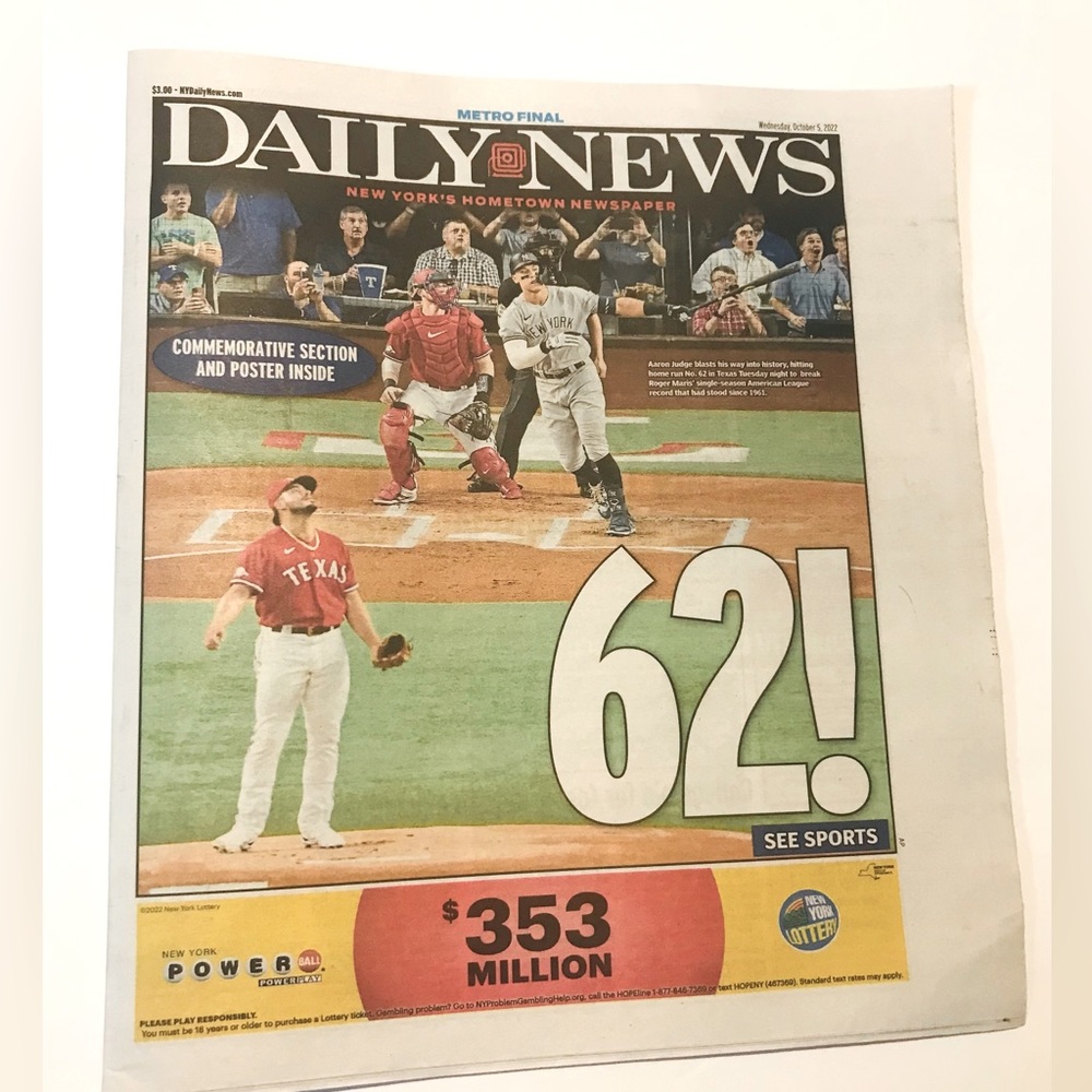 Aaron Judge 62 Home Runs Maris 61 HRs New York Yankees NY Daily News Newspaper